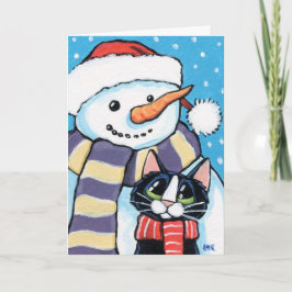 Cartão De Festividades Tuxedo Cat e Carrot Nose Snowman Painting