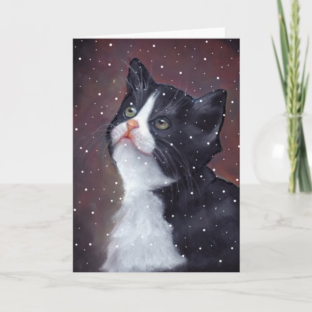 Cartão De Festividades Tuxedo Cat Olhando Para Os Flocos De Neve, Arte (Frente)