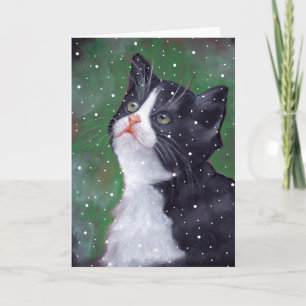 Cartão De Festividades Tuxedo Cat Olhando Para Os Flocos De Neve, Arte