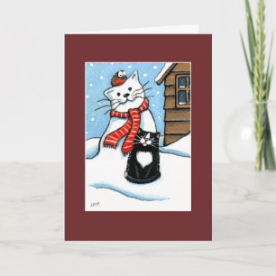 Cartão De Festividades Tuxedo Cat, Robin & Snowman Christmas Card