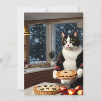 Cartão De Festividades Tuxedo Cat segurando uma torta de Natal