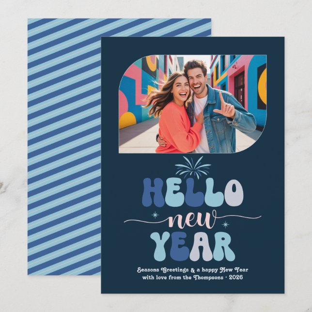 Cartão De Festividades Twilight Ocean Hello New Year Blue Retro Photo (Frente/Verso)