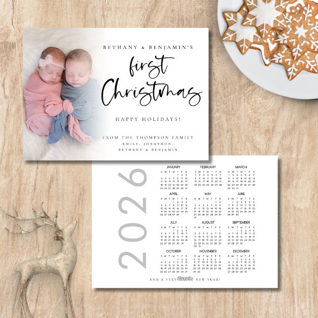 Cartão De Festividades Twin Baby First Christmas Photo 2024 Calendar (Front and back view)