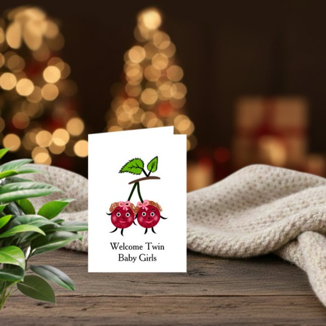 Cartão De Festividades Twin Baby Girls Welcome Card – Sweet Cherry Twins (Criador carregado)
