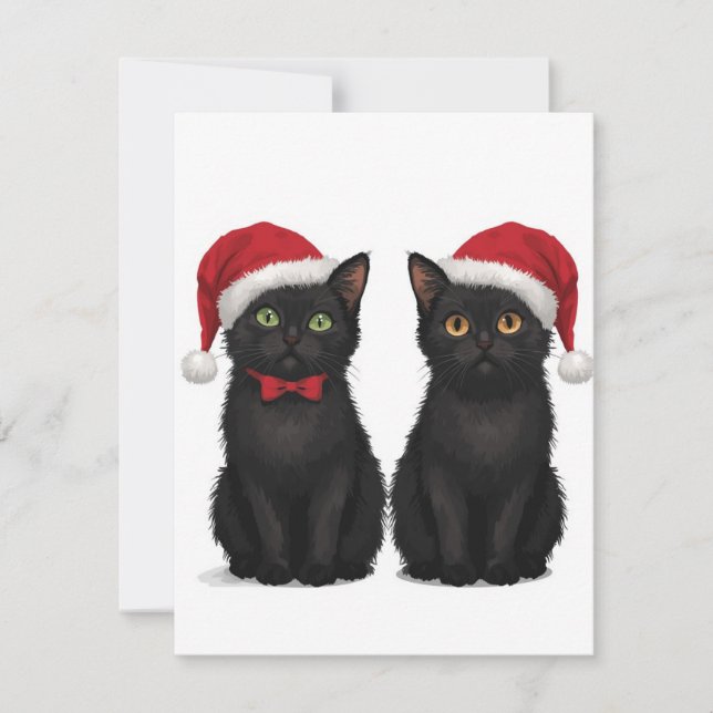Cartão De Festividades Two Black Kittens Santa Hat Christmas (Frente)