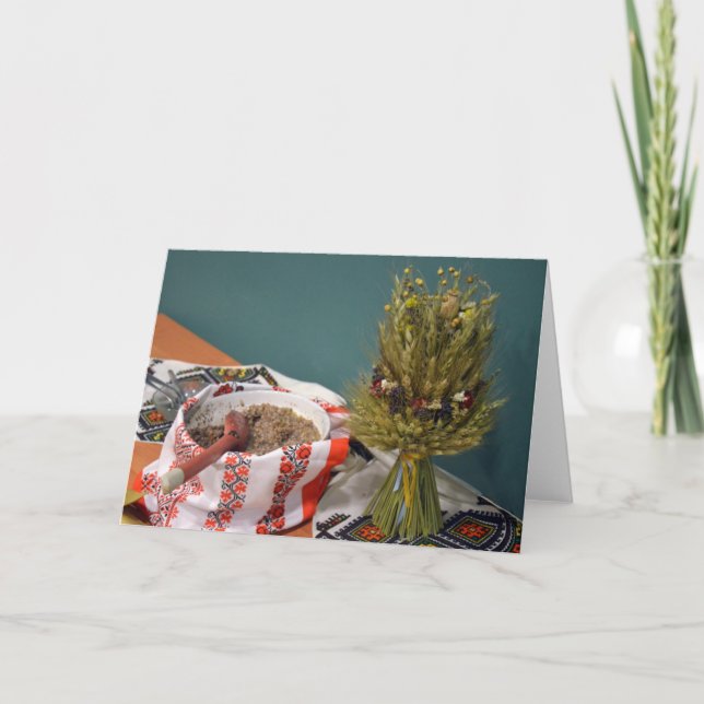 Cartão De Festividades Ucraniano Kutya e Didukh (Frente)