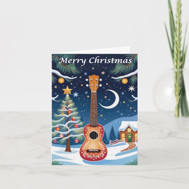 Cartão De Festividades Ukulele - Instrumento Musical - Árvore de Neve Nat (Frente)
