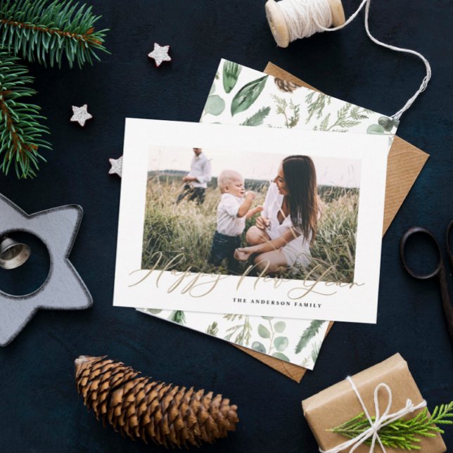 Cartão De Festividades Último ano de ouro de script elegante com foto mod (Criador carregado)