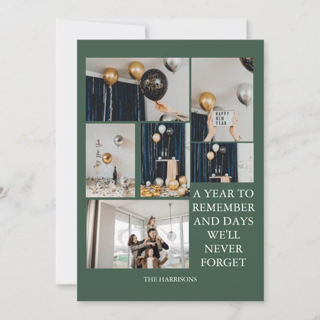 Cartão De Festividades Um ano para lembrar 6 colagem de fotos verde (Frente)