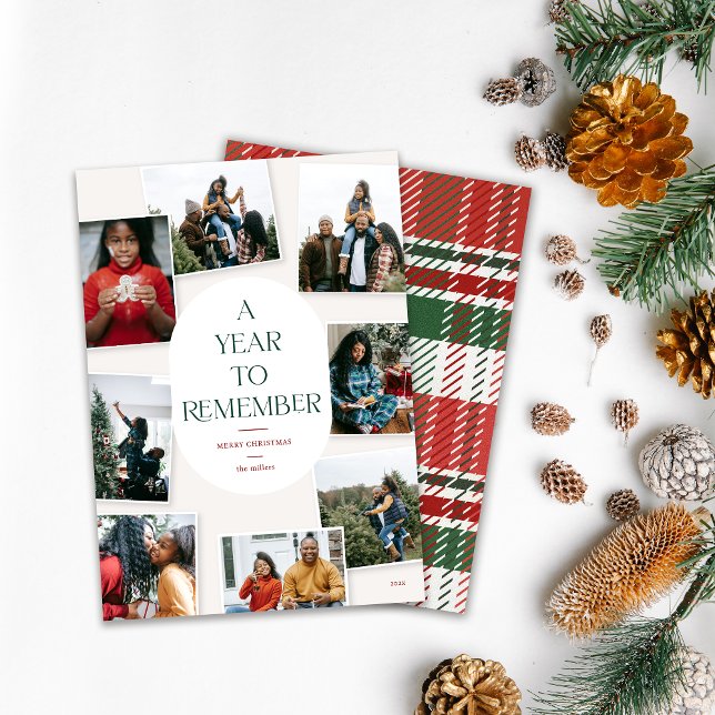 Cartão De Festividades Um Ano Para Lembrar 8 Fotografias De Natal (A year to remember. 8 photo collage Holiday card design on white background with pine xmas decor)