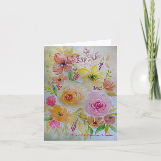 Cartão De Festividades Um Buquê de Placa Floral Rosa e Amarelo (Frente)