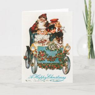 Cartão De Festividades Um Feliz NatalPapai Noel e Crianças Dirigindo Carr