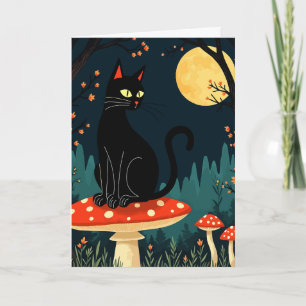 Cartão De Festividades Um Gato Preto Familiar e Cogumelos Halloween 3
