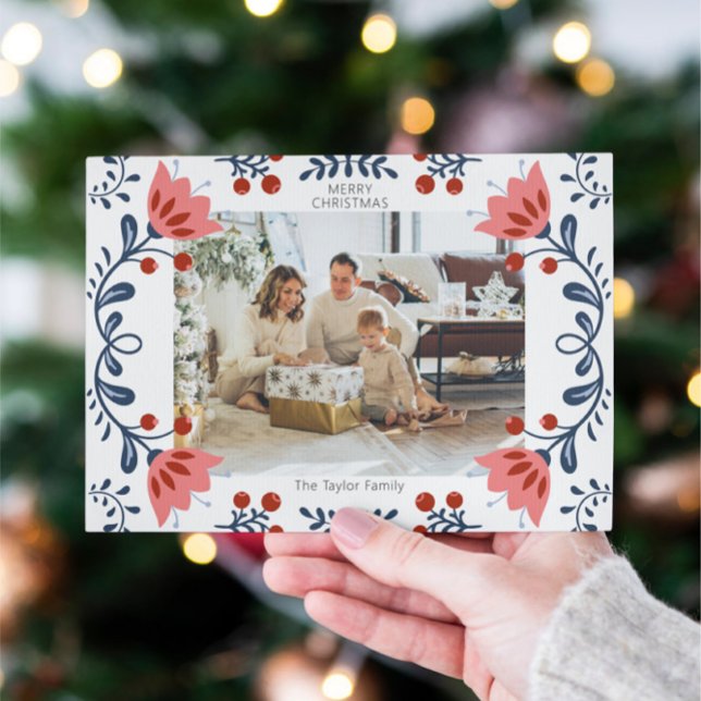 Cartão De Festividades Uma Foto do Natal do Quadro Floral Elegante (Elegant Floral Frame Christmas One Photo Holiday Cards from Ricaso. Add your own photograph & text)