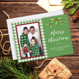Cartão De Festividades Uma Foto Green e White Houndstooth