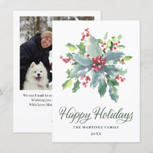 Cartão De Festividades UMA FOTO Holly e Berry Watercolor Greenery 2022