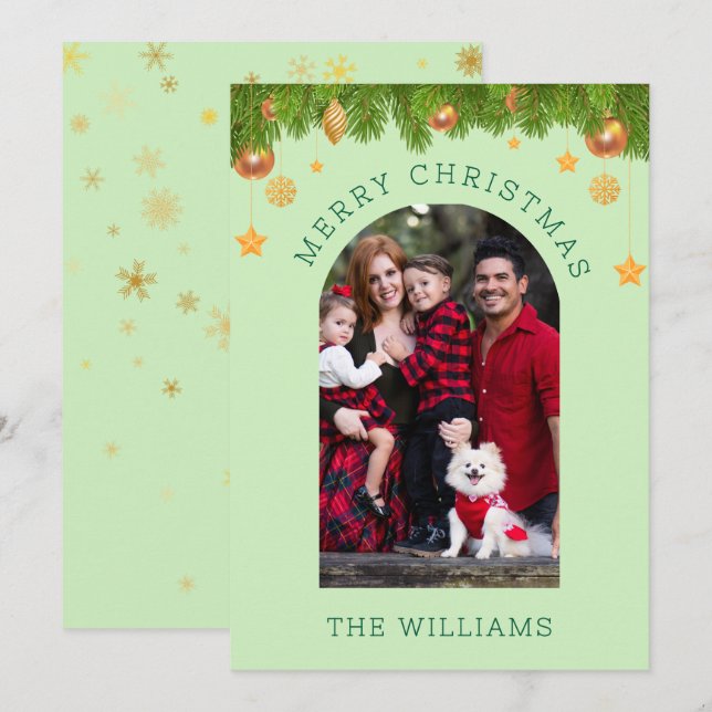 Cartão De Festividades Uma Foto Personalizada de Natal Verde e Dourada (Frente/Verso)