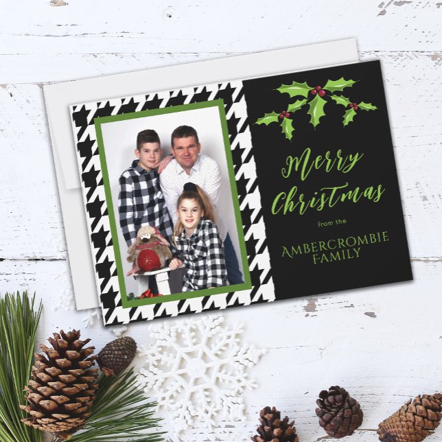 Cartão De Festividades Uma Foto Preto e Branco Houndstooth (Black & White Houndstooth Christmas Card)
