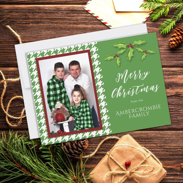 Cartão De Festividades Uma Foto Xadrez Verde e Branco (Green & White Houndstooth Christmas Card)