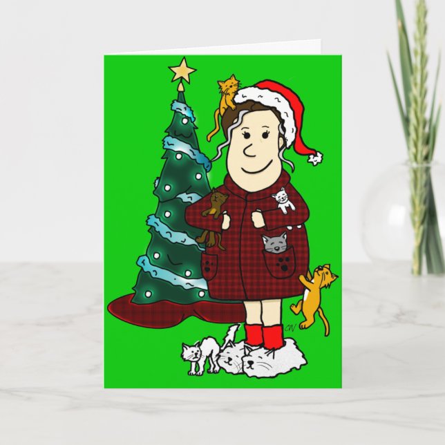 Cartão De Festividades "Uma Louca Senhora de Gato de Natal" (Frente)