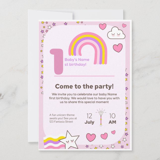 Cartão De Festividades unicorn Birthday Invitation  (Frente)