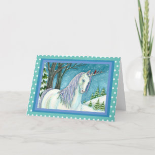 CARTÃO DE FESTIVIDADES UNICORN E AVES DE INVERNO, PAISAGEM DE NEVE PACÍF