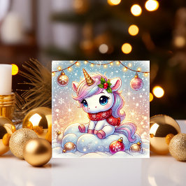 Cartão De Festividades Unicórnio Sentado numa Nuvem com Enfeite de Natal