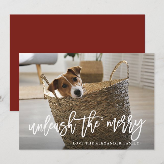 Cartão De Festividades Unleash the Merry Script Cute Dog Photo (Frente/Verso)