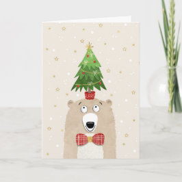 Cartão De Festividades Urso Bonito de Natal com Árvore de Natal na Cabeça