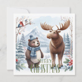 Cartão De Festividades Urso, cervo e pássaros na natureza