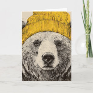 Cartão De Festividades Urso com Touca Amarela Animal da Floresta Rústica