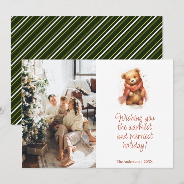 Cartão De Festividades Urso de Aquarela Bonito com Foto de Natal do Scarf (Frente/Verso)