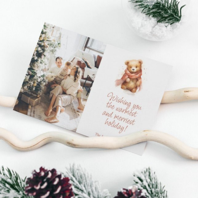 Cartão De Festividades Urso de Aquarela Bonito com Foto de Natal do Scarf (Criador carregado)