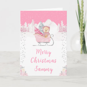 Cartão De Festividades Urso de Inverno Pink Sleigh Feliz Natal