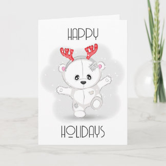 Cartão De Festividades Urso de Pelúcia Branco Fofo com Antílope Vermelho