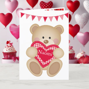 Cartão De Festividades Urso de Teddy Bonito com Coração Vermelho Adiciona