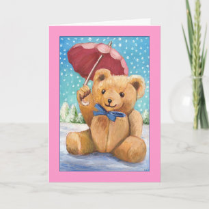 Cartão De Festividades Urso de Teddy com Parasol no Natal - Personalizado