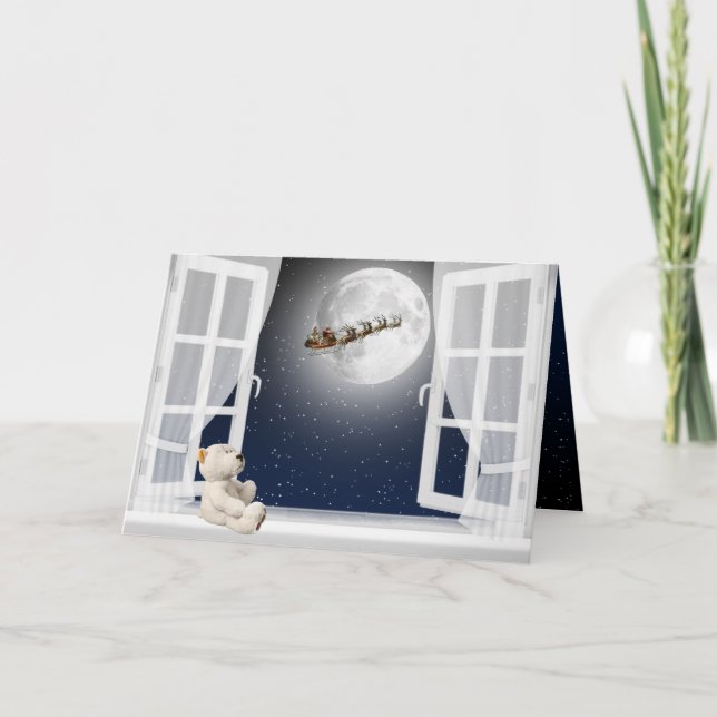 Cartão De Festividades Urso de Teddy de Natal na Janela (Frente)