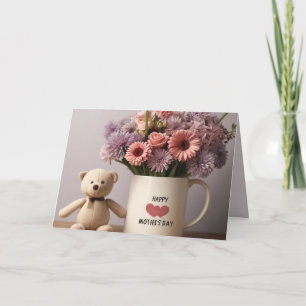 Cartão De Festividades Urso de Teddy, Flores E Placa De Dia de as mães De
