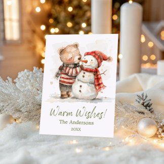 Cartão De Festividades Urso e Boneco de Neve em Aquarela Fofa | Desejos d