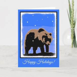 Cartão De Festividades Urso Grizzly no inverno - Arte original sobre a vi