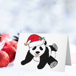 Cartão De Festividades Urso Panda de Natal Fofo com Chapéu de Papai Noel