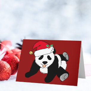 Cartão De Festividades Urso Panda de Natal Fofo com Chapéu Vermelho de Pa