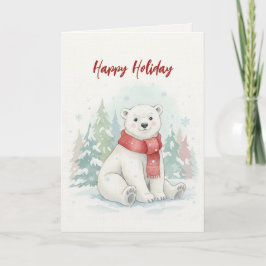 Cartão De Festividades Urso Polar Adorável de Aquarela no Inverno