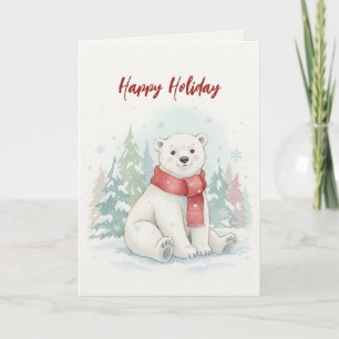 Cartão De Festividades Urso Polar Adorável de Aquarela no Inverno 