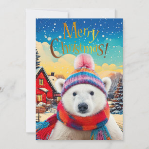Cartão De Festividades Urso Polar chapéu e cachecol de Papai Noel