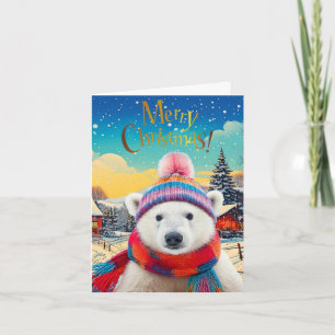 Cartão De Festividades Urso Polar chapéu e cachecol de Papai Noel Feliz N