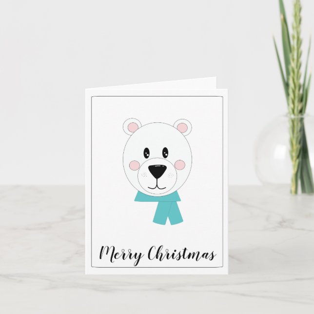 Cartão De Festividades Urso Polar com Cachecol Azul-Verde (Frente)