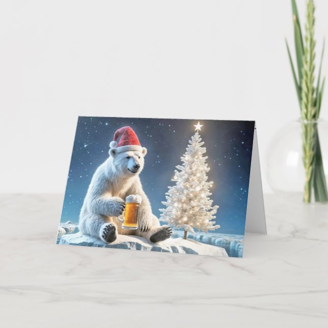 Cartão De Festividades Urso Polar De Natal Com Cerveja (Frente)