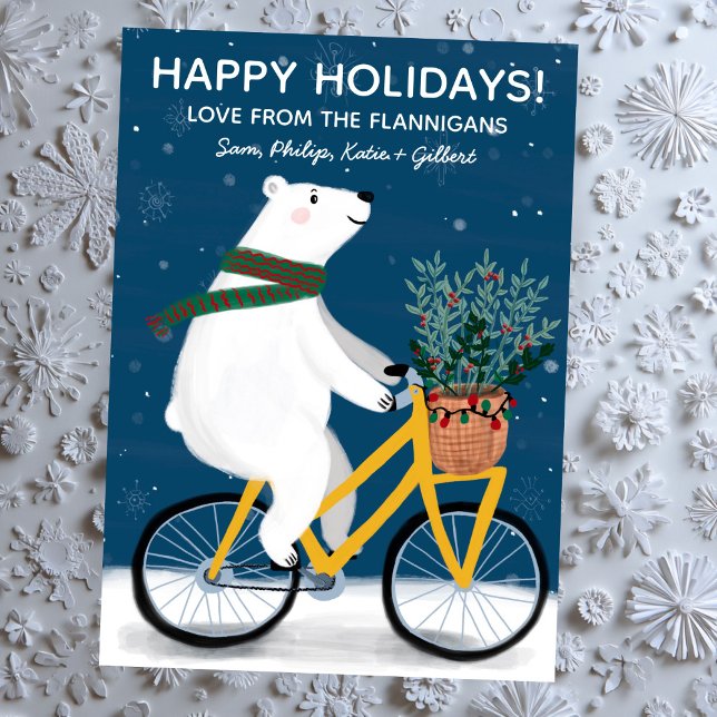 Cartão De Festividades Urso Polar em Bike Personalizado para o Natal Boni (Polar Bear on Bike Handmade Cute Christmas Non-Photo Custom Flat Holiday Card
)